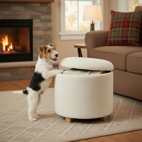 Froppi Premium Teddy Footstool | Ready-Made Boucle Storage Ottoman | Living Room Foot Stool | Pouffe with Feet Storage | 45cm Round | Cream White