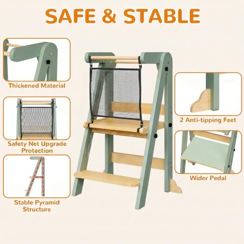 Image of ROOMTEC Foldable Toddler Kitchen Tower, 3 Adjustable Height Wooden Step Stool, Toddler Standing Tower with Safety Net (Green)