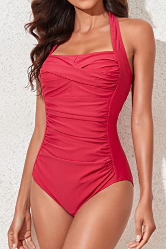 Image of Smismivo Tummy Control Swimwear Halter One Piece Slimming Vintage Retro Swimsuit Womens Ruched Push Up Bathing Suit