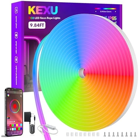 KEXU 9.84ft Color Changing RGB Neon Rope Light with Smart APP Control LED Strip Lights Music Sync IP65 Waterproof LED Lights Flexibility LED Lights for Bedroom Room Decor Cover