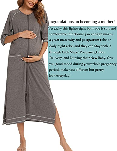 Image of Veseacky Women Robe Zipper Front House Coat 3 /4 Sleeve Nightgown Full Length Ladies Lounge Dress with Pockets S-XXL
