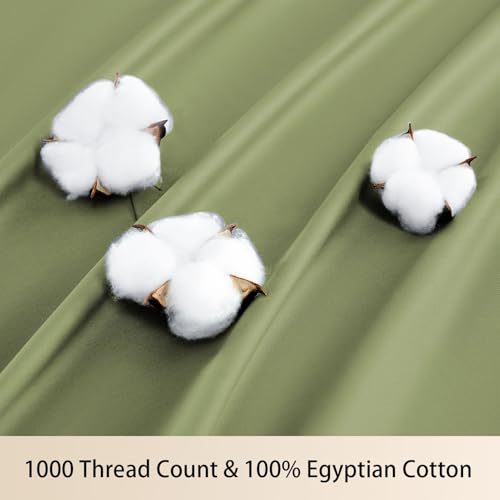 MEISHANG Extra Deep Pocket Queen Sheets Cotton - 1000 Thread Count Sheet Set - Fits 18"-24" in Deep Mattress,100% Egyptian Cotton,Sateen Weave, Soft & Breathable - 4 Piece (Queen, Olive Green)