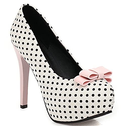 KOKOMOMO Womens Polka Dot High Heels Round Toe Platform Stiletto Pumps with Bows2