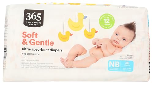 Image of 365 by Whole Foods Market, Soft & Gentle Newborn Diapers with Wetness Indicator, Ultra-Absorbent, Hypo-Allergenic, 36 Count