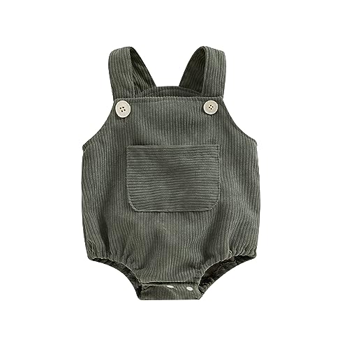 MAINESAKA Newborn Baby Girl Boy Corduroy Overalls Onesie Sleeveless Solid Color Suspender Bib Romper Jumpsuit Fall Clothes (Green, 3-6 Months)