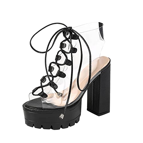 VKVWIV Lace up Sandals Platform Dress Summer Sandals for Women Pee Toe Clear Strapy Gladiator Roman Sandals Chunky Block Heels
