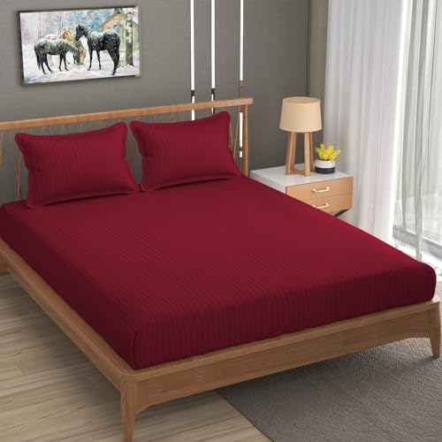 Image of Blue Strip Polycotton Bedsheet, Double 90x100 (Maroon) | Hotel Quality | Soft, Breathable & Colourfast | Wrinkle Resistant | Machine Washable | Pillow Covers Included