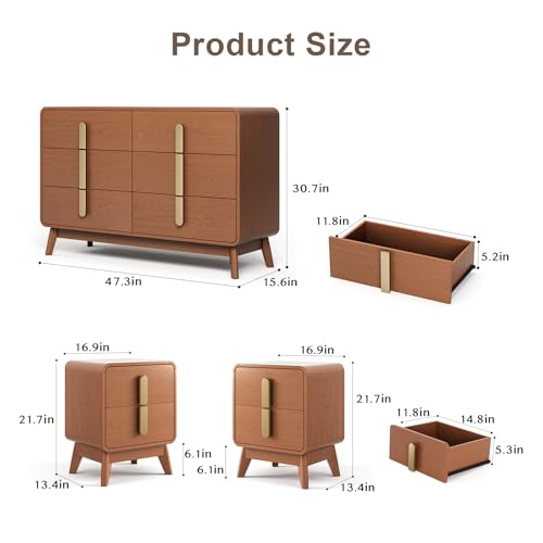 Image of JOINICE Mid Century Modern Dresser and Nightstand Sets for Bedroom, Cherry | Night Stand Set of 2 with Matching 47 inch Dresser, Large Chest of Drawers for Storage with Gold Handles, 3 Pieces Accent Set