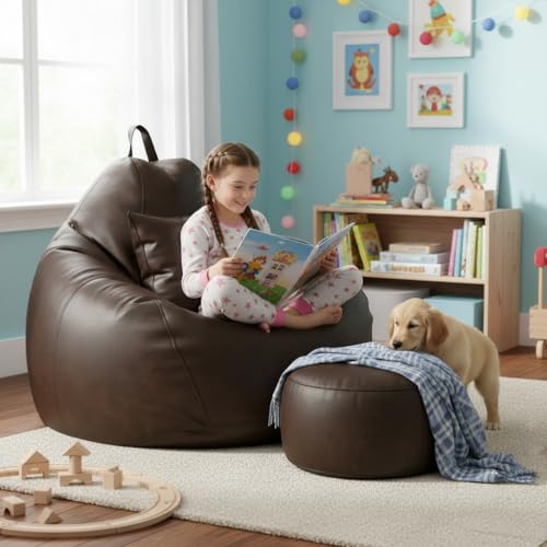 Image of KAM'S LIEU Bean Bag Chair with Footrest & Cushion | Pre-Filled Beans | PVC Leatherette Lounger Sofa | Indoor & Outdoor Bean Bag | 6 Months Warranty Size & Color- (Brown, XXXXXL, Premium)