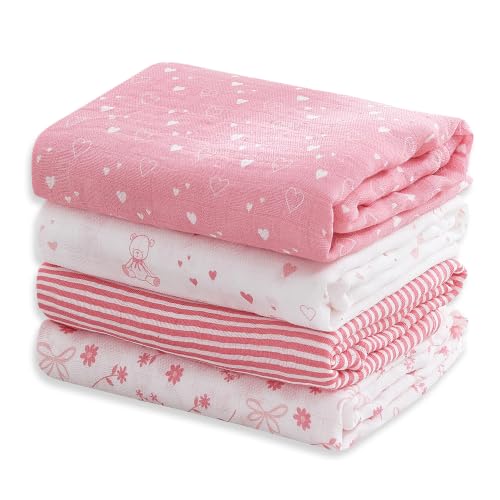 Image of Softan Swaddle Blanket, 47x47 in Muslin Swaddle Receiving Blanket for Newborns, Breathable & Soft, 4 Pack Flower Bow and Bear