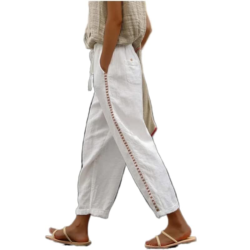 Akivide Womens Cotton Linen Pants Elastic High Waist Lace Comfy Loose Summer Beach Pants with Pockets