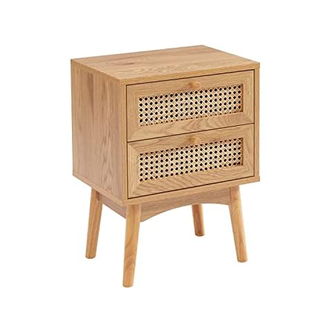 BAÏTA Table de Chevet INES Effet chêne et cannage rotin 2 tiroirs Cover