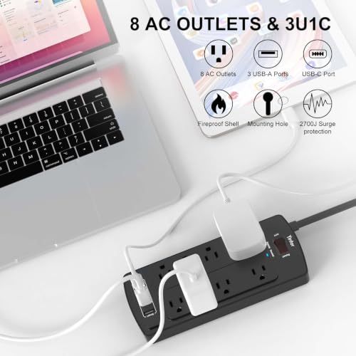 Image of Surge Protector Power Strip, Yintar Flat Plug Extension Cord with 8 AC Outlets and 4 USB Ports, 6 Feet Power Cord, 2700 Joules, ETL Listed, Black