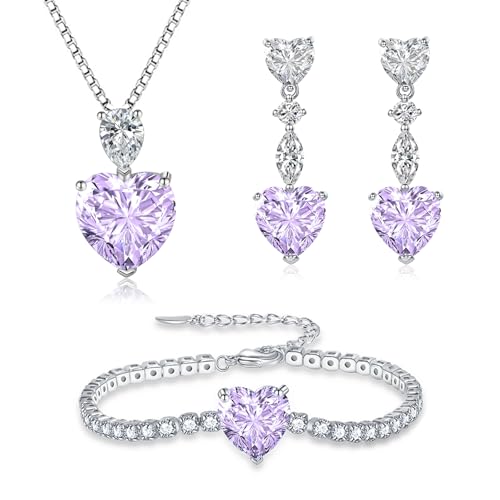 Glintara Schmucksets Silber 925 Damen, 3PC SHerz Halskette Ohrringe Armband Set, Anhänger mit 45cm Kette & Hängeohrringe & Armkette, 925 Sterling Silber Schmuck Set mit Lila Zirkonia mit Geschenkbox