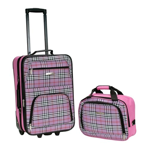 Rockland Fashion Softside Upright Luggage Set,Expandable,Lightweight,Telescopic Handle,Wheel, Pink Cross, 2-Piece Set (14/19)