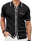 PJ PAUL JONES Mens Short Sleeve Button Down Polo Shirt Casual Knit Shirt Black L