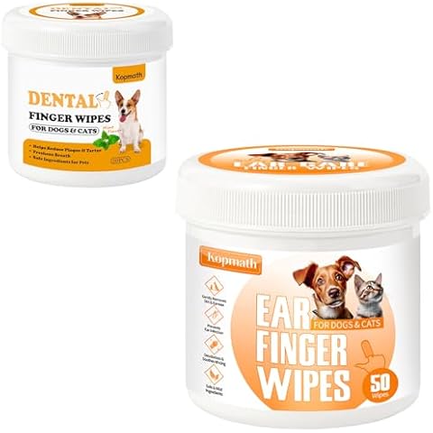 Kopmath Dental Care Finger Wipes and Ear Cleaner for Dogs & Cats, 2 Pieces， Gently Clean Earwax & Dirt, Soothe Ear Itching, Easy to Use, Natural Pet Ear Wipe for Dog, Chicken Flavor & Unscented Cover