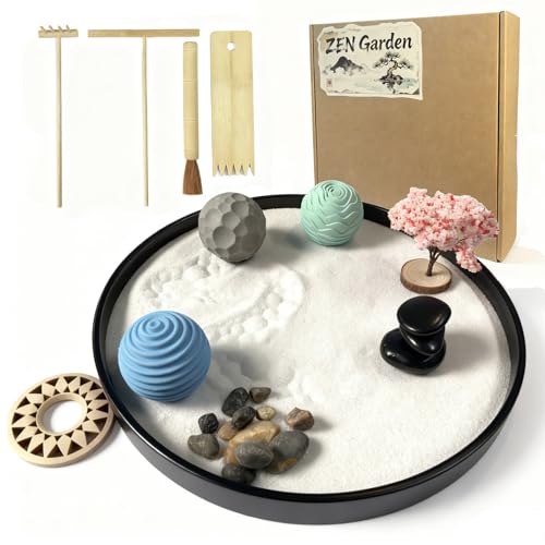 Desktop Zen Garden Kit with 3 Pattern Spheres & Rakes – Mini Japanese Sand Garden for Desk Decor, Stress Relief & Meditation – Includes Balance Stones, Creek Pebbles & Blossom Ornament