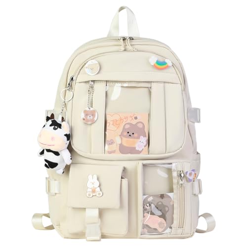 HORHEAR Mochila Kawaii con Lindos Pines Accesorios Alfileres Colgante de Animal de Peluche y Tarjetas de Dibujos Animados, Mochila Escolar (Style2-Blanco)