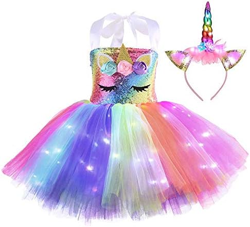 Zerenfy Sequin Unicorn Decorations for Girls Halloween Costumes Tutu Handmade Tulle Dress Princess Fairy Birthday Party Gift Photography Rainbow 6 Years Old