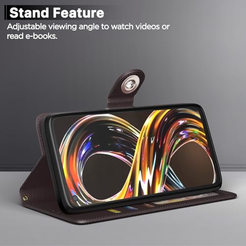 Image of Pikkme Flip Cover Leather Finish | Inside TPU with Card Pockets | Wallet Stand and Shock Proof | Complete Protection Button Flip Case for Realme Narzo 50 4G / Realme 8i 4G (Coffee)