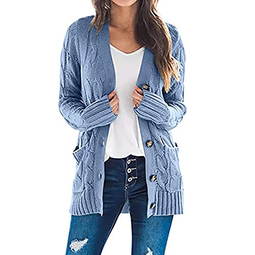 Naiflowers Women's Oversized Loose Long Knit Cardigans Sweaters Tops Fashion Long Sleeve With Pocket Sweaters Coat Light Blue