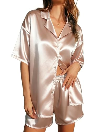 Image of Ekouaer Womens Silk Satin Pajamas Set Short Sleeve Sleepwear Button Down Top and Shorts Loungewear 2 Piece Pjs Set
