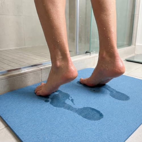 Image of Stone Bath Mat | Diatomaceous Earth Non-Slip Quick Drying Bathroom Floor Mat | Super Absorbent Bathtub & Shower Mat | Odor Free, Safe & Clean for Bathroom & Kitchen (Blue, 39.5 x 59.5 cm)