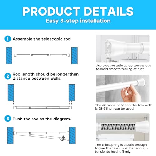 Image of AIZESI 2pcs Spring Tension Curtain Rod 28 to 48 Inch,White Tension Rod Adjustable Curtain Rod Non Slip Curtain Tension Rod No Drill Spring Curtain Rod for Window?Bathroom?Doorway