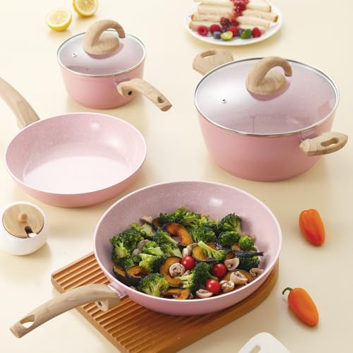 Pots and Pans Set Non Stick, Ceramic Cookware Set with Granite Pattern, Induction Kitchen Cooking Sets w/Frying Pans, Saucepans, Casserole with Lids, Non-Toxic, PTFE/PFOA/PFOS-Free, Pale Pink - Image 3