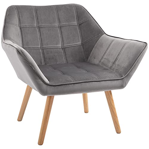 HOMCOM Butaca de Salón Moderna, Sillón Lectura Tapizado en Terciopelo con Asiento Ancho, Patas de Madera, Fácil Montaje, Sillón Relax para Sala de Estar, Dormitorio y Balcón, Gris