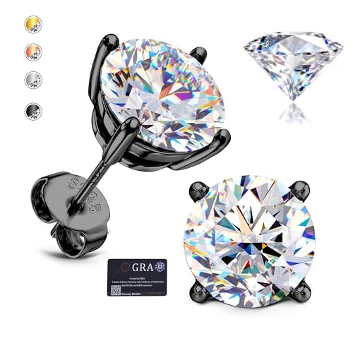 GEMQUEEN Moissanite Earrings Studs : Solid 925 Sterling Silver Earrings for Women Men Hypoallergenic Dainty Black Moissanite Stud Earring Jewelry Gifts Trendy Brilliant Round Cut D Color VVS1 Clarity