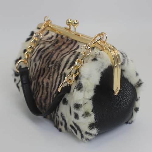 Fosrion Luxury Mink Fur Leopard Print Handbag – Small Kiss Lock Purse with Gold Chain Strap, Evening & Shoulder Bag4
