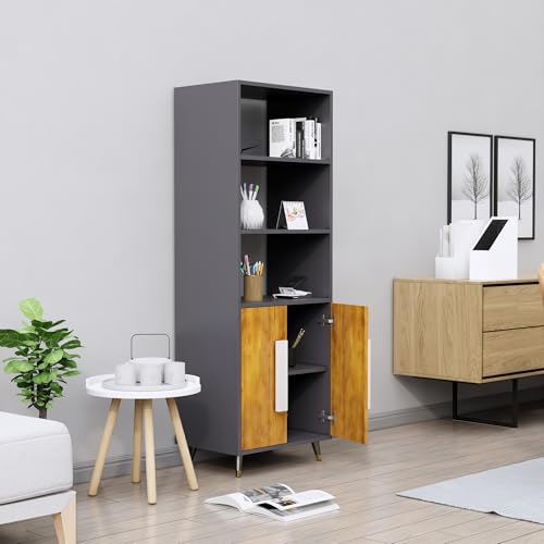 Image of Bniture Book Shelf Wooden | Engineered Wood Bookshelf for Home with 2 Door & 3 Shelf | Multipurpose Open Book Shelf Stand for Library, Study Room & Living Room | Slate Grey & Giant Wood