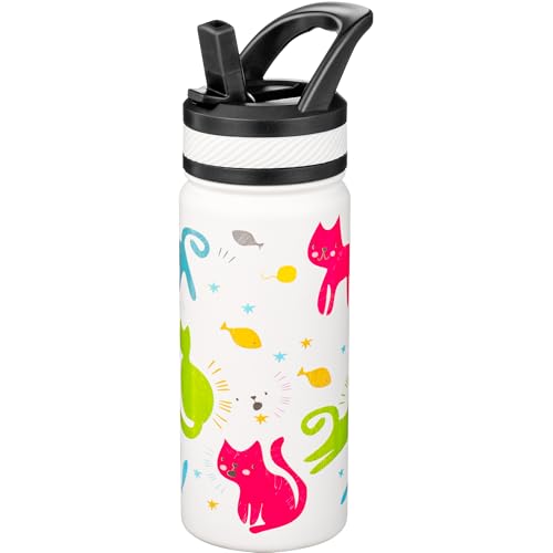 Fanhaw Botella de agua aislada con pajilla de 510.3 g para niños, taza de vacío de doble pared de acero inoxidable, a prueba de fugas, sin BPA, adecuada para niños y niñas (blanco - gatos)