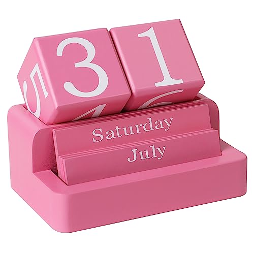 EASEYA Wooden Block Calendar for Desk Daily Desktop Perpetual Desk Calendar Modern Farmhouse Aesthetic Desk Accessories for Home Office Decor Teacher Classroom Reusable Yearly Pink