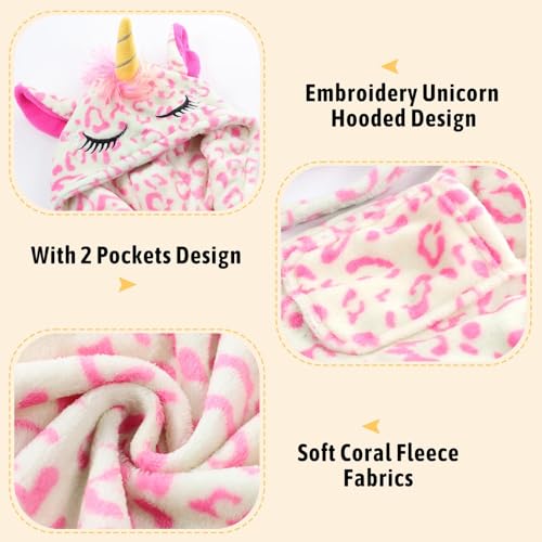 Girls Robe Kids Hooded Bathrobe Unicorn Rainbow Star Leopard Toddler Bath Robe Warm Fuzzy Bathrobes Age 3-123