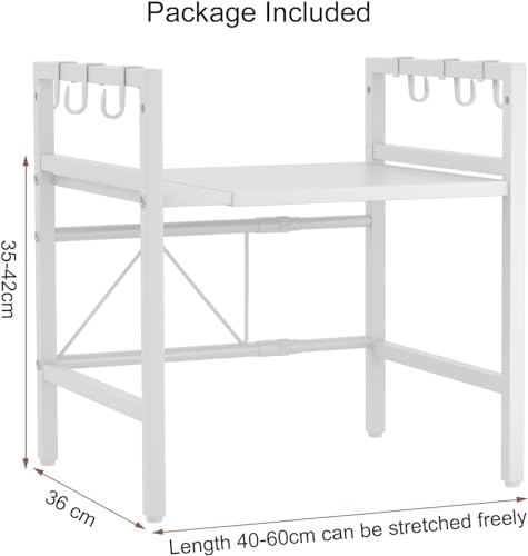 Scaffale estensibile per forno a microonde, regolabile, 40-60 cm, salvaspazio, con 6 ganci, in acciaio al carbonio resistente, ideale per organizzare piccoli elettrodomestici