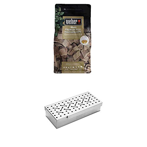 Weber 17782 Räucherchips Bitburger Premium Pils, 700g, für alle Fleisch-, Gemüse- und Käsesorten, süß-fruchtiger Geschmack, Räuchern, Grillen + Räucherbox universal, für Gas- und Holzkohlegrills
