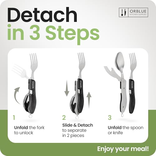 Orblue 4-in-1 Camping Eating Utensils, 2-Pack - Portable Spoon, Fork, Knife & Bottle Opener Combo Set - Stainless Steel Flatware with Detachable Fork - Travel, Backpacking Cutlery Multitool, Black