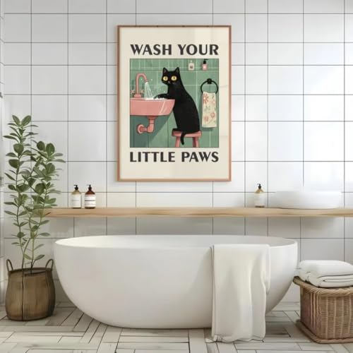 Affiche moderne et humoristique de chat pour habiller un mur de douche vide