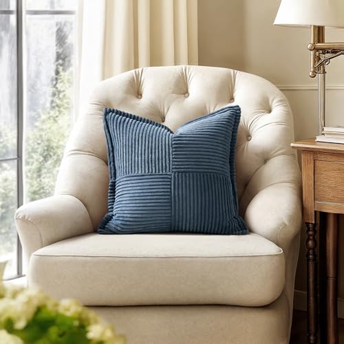 Image of MIULEE Decorative Throw Pillow Covers for Couch Bed Livingroom 20x20 Inch Set of 2 Blue Boho Accent Throw Pllows Broadside Striped Patchwork Soft Corduroy Summer Coastal Pillowcases