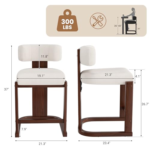 Image of Bar Stools Set of 2, Upholstered Counter Height Bar Stools, Mid Century Modern Counter Stools with Curved Backrest, Solid Wood Legs, 26 inch Bar Chairs for Kitchen Island Bar, Beige