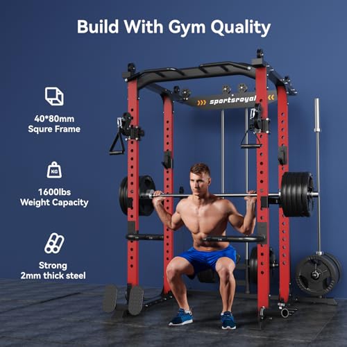 Image of SPORTSROYALS Power Rack, Multi-Functional Power Cage, Squat Rack with Pulley System & LAT Pull Down, Workout Cage with J Hooks for Home Gym