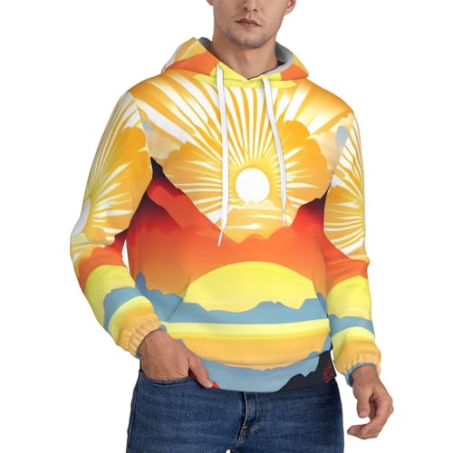 Men's Fleece Hooded Hoodie - Soft Warm Bright sunrise Print Pullover with Pocket, Trendy Streetwear for Spring, Autumn