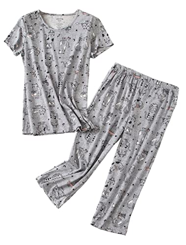 Image of PNAEONG Women Pajama Set Sleepwear Tops with Capri Pants Casual and Fun Prints Pajama Sets