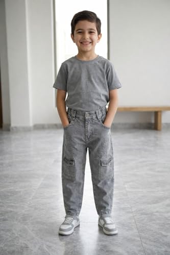 Image of Boys Cargo Pants, Kids Cargo Jeans with Pockets, Adjustable Waist, Stretch Denim Casual Pants for Boys