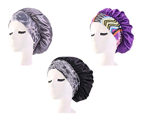 AVEBRI Women's Wide Band Hair Bonnet Cap for Sleeping Head Cover,Sleep Cap Satin Bonnet for Hair Beauty (Black,Gray,Purple)
