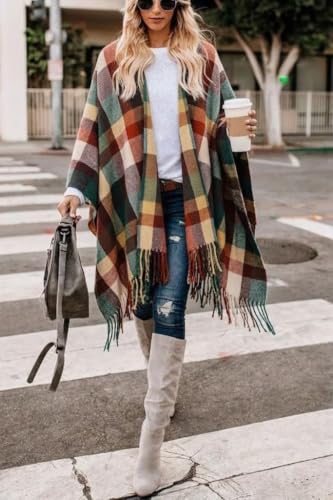 Image of Bestshe Women's Boho Open Front Poncho Plaid Shawl Wrap Cape