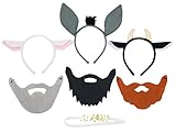Nativity Dress Up Headband and Mask Set for Kids - Includes 3 Wise Men Beards, 3 Animals and Angel Halo Tan